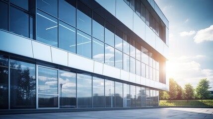 office building with a minimalist exterior featuring large windows and smooth surfaces. 