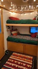 Naklejka premium Bunk Beds In A Camper Van With Christmas Lights