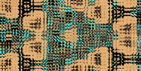 A patterned background with a blue and brown color scheme. The pattern is made up of squares and triangles