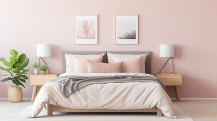 Cozy bedroom featuring a neatly made bed with a soft pink 