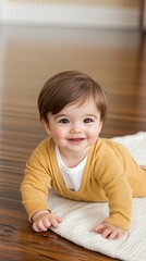 Naklejka premium A cheerful three-year-old boy wearing a yellow sweater and white T-shirt beams with joy in a sunlit living room