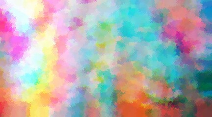 A colorful abstract painting with a rainbow of colors. The painting is full of different shades of blue, green, red, and yellow. The brushstrokes are visible, giving the painting a textured