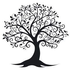 Obraz premium A stylized black and white tree with swirling branches and leaves.