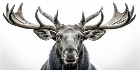 Naklejka premium The Majestic Moose A Close-Up Portrait, Composition Front-Facing, Image Black and White, Concept Wildlife, moose, antlers, wild