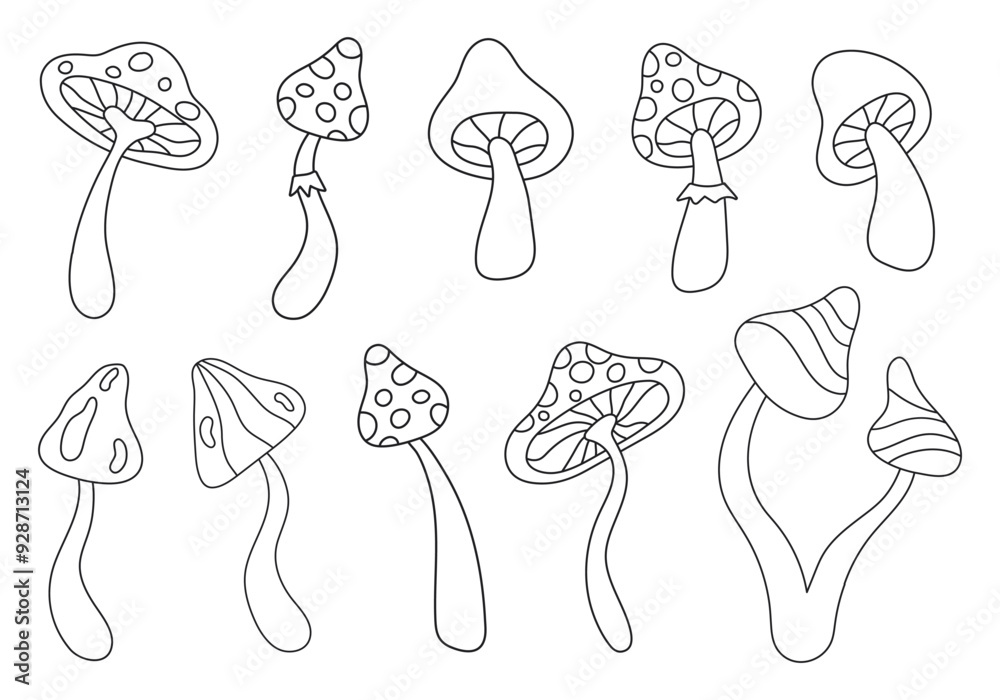Poster retro set groovy linear mushrooms isolated on white background. trendy hippie vector illustration in