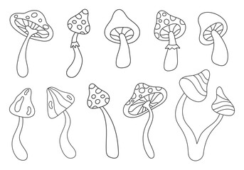 Retro set groovy linear mushrooms isolated on white background. Trendy hippie vector illustration in style 60s, 70s	