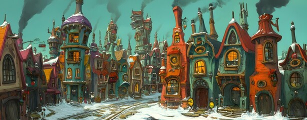 Fototapeta premium Fantasy Cityscape with Snow Covered Buildings and People Walking