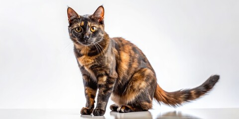 Tortoiseshell Cat Portrait A Curious Gaze, White Background, Sitting, Close-Up, Cat, Portrait, Tortoiseshell