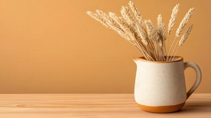 Dried Wheat Stalks in a Ceramic Pitcher on a Wooden Table