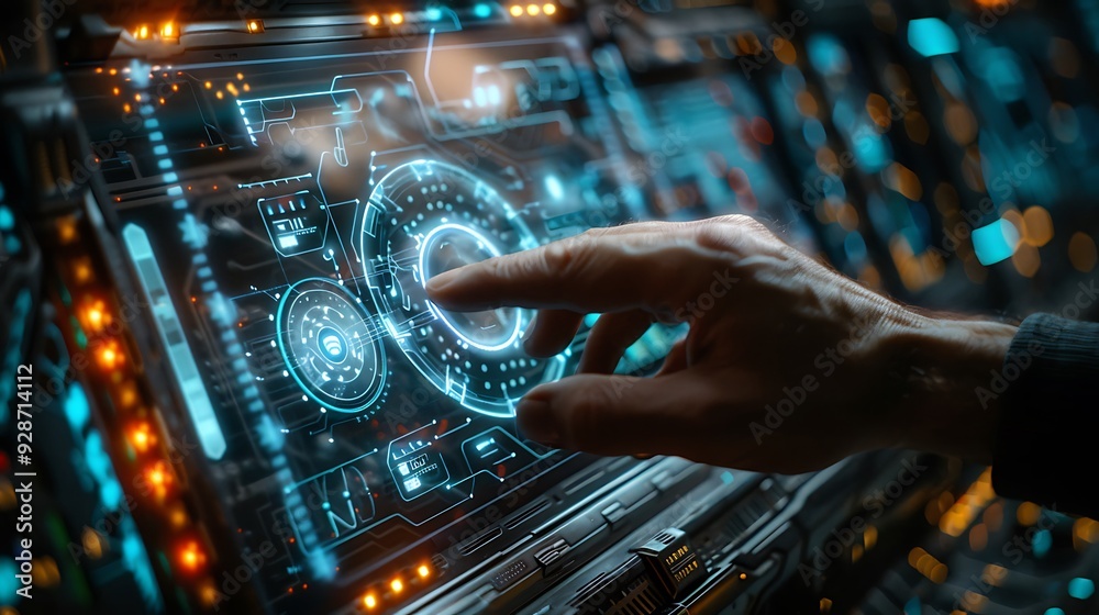 Poster illustration of a mans hand navigating a hightech cybersecurity screen