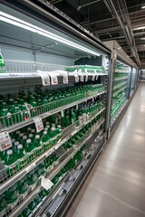Naklejka premium Green Bottles On Shelves In A Supermarket