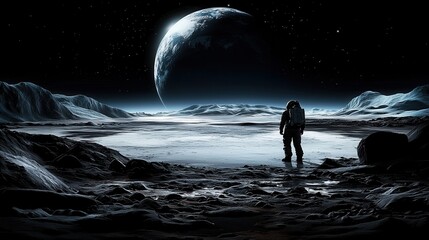 Obraz premium Astronaut stands on the moon's surface, gazing at Earth in the distant, starry night sky, depicting solitude, exploration, and the vastness of space.