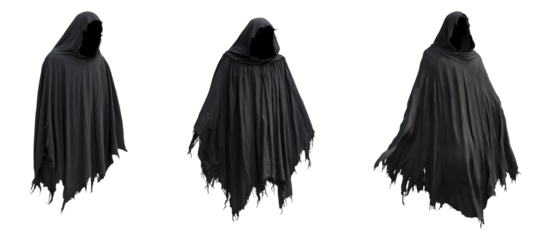 black hooded halloween cloak with tattered edges on isolated background
