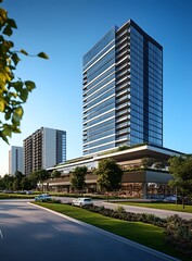 Modern Glass Building with Green Landscaping