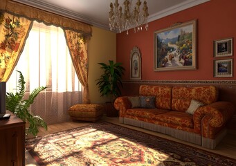 Living Room Interior Design with Sofa, Curtains, and Rug
