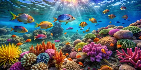 Underwater Paradise Vibrant Coral Reef with Colorful Fish, Digital Art, Sunbeams, Underwater Scene, Coral Reef, Tropical Fish, Ocean Life