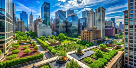 Naklejka premium Urban Oasis Rooftop Garden in Manhattan, Aerial View, Green Roof, Cityscape , New York City