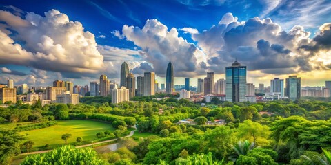 Fototapeta premium Urban Oasis Skyline Emerging from Lush Greenery, Aerial View, Sunset Clouds, Cityscape , Green Space , Skyscrapers , Nature