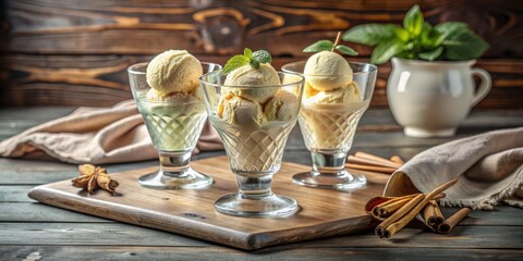 Fototapeta premium Vanilla Ice Cream in Crystal Glasses with Cinnamon Sticks, Vanilla, Cinnamon , Ice Cream , Dessert , Food