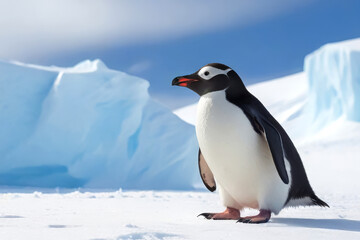 Fototapeta premium Gentoo Penguin Standing on Antarctic Ice with Icebergs in the Background