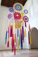 Colorful Knitted Doily Tassels Hanging From Ceiling