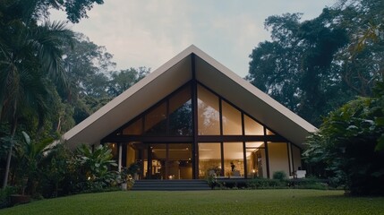A contemporary home showcases expansive glass windows as twilight sets in, highlighting a stylish dining area on the terrace