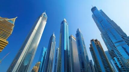 Obraz premium A skyline view of modern skyscrapers against a clear blue sky.