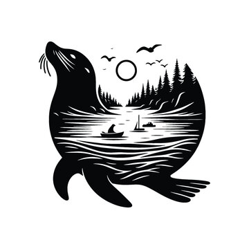 recommend clip art: silhouette of Seal filled with river view in rough drawing,