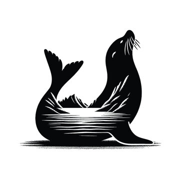 recommend clip art: silhouette of Seal posefilled with river view in rough drawing,