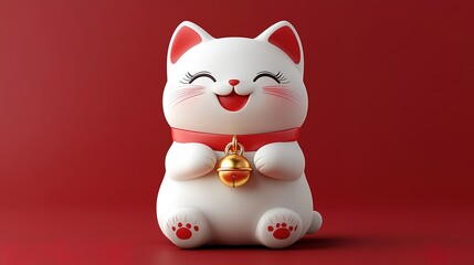 A Smiling White Maneki-Neko with a Gold Bell on a Red Background