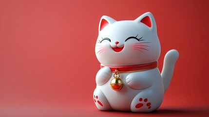 Smiling White Maneki-Neko with Red Collar and Golden Bell