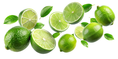 Lime Fruits in Motion PNG with Transparent Cut Out, Flying Delicious Lime Fruits.