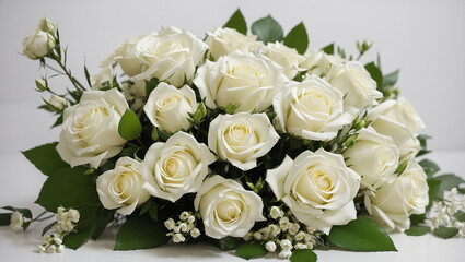 Obraz premium This is a bunch of white roses with green leaves and small white flowers.