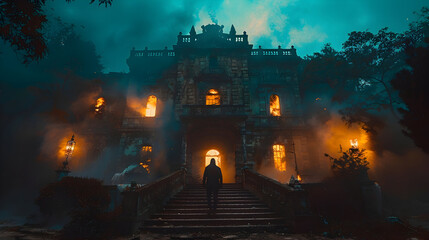  A haunted house with spooky decorations and a ghostly figure standing at the entrance on Halloween night 