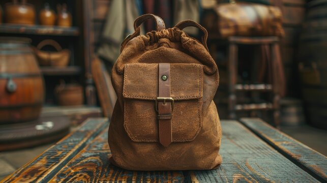 Close-up of a rustic brown leather backpack with a front pocket and buckle closure on a weathered wooden table in a cozy, vintage-style room filled with barrels and wooden shelves