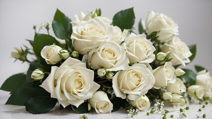 This is a bunch of white roses with green leaves and small white flowers.

