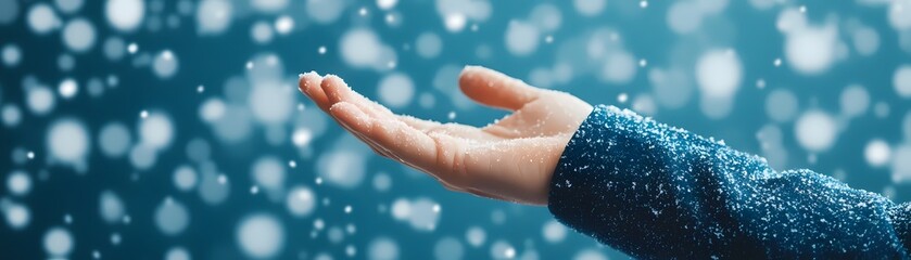 Fototapeta premium A silent communion between human and nature, as a hand becomes a vessel for winter's ephemeral beauty.