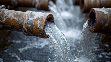 A row of pipes at an oil and gas pow releasing water in a continuous flow, creating a dynamic fountain.