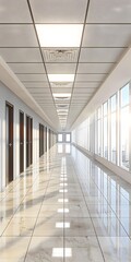 Obraz premium Modern Office Corridor with Glass Windows and Shiny Floor