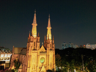 Aerial view of Jakarta Cathedral Church at night. Located in Central Jakarta near Istiqlal Mosque