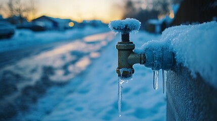 Frozen tap on a snowy street on a winter morning , winter, frozen, tap, water, cold, icy, weather, street, morning, frost, snow