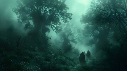  A spooky Halloween forest with ghostly figures and creepy trees, creating a terrifying atmosphere 