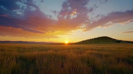 Fototapeta premium Breathtaking sunset over a serene grassy landscape with a distant hill and colorfully dramatic sky.