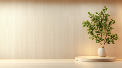Fototapeta premium A serene minimalist interior setting featuring a potted green plant placed on a round wooden display stand. The warm, neutral-toned background with subtle texture highlights the simplicity