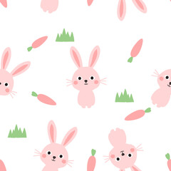 Seamless pattern with bunny rabbit cartons and green grass on white background vector.
