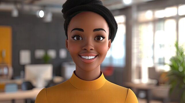 young african businesswoman in a 3d cartoon coworking office smiling at the camera resourceful empowered dedicated