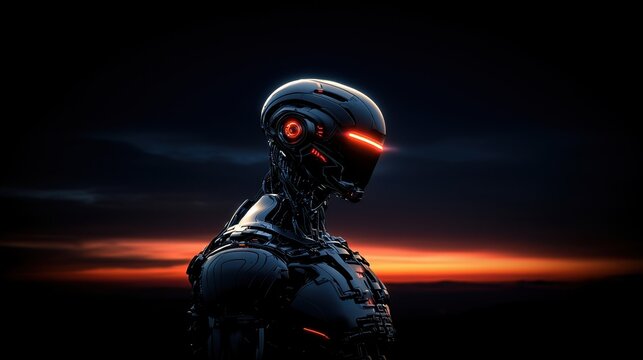 Futuristic robot with glowing red eyes standing against a dramatic sunset background, symbolizing advanced technology and artificial intelligence.