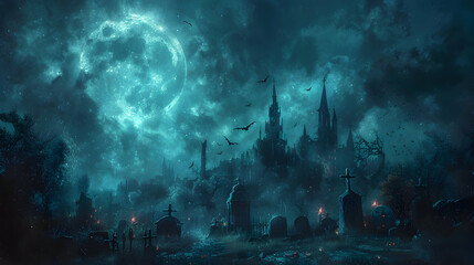  A spooky Halloween scene with a full moon, bats, and a creepy graveyard filled with tombstones and skeletons 