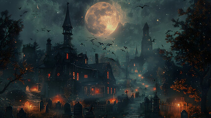  A spooky Halloween scene with a full moon, bats, and a creepy graveyard filled with tombstones and skeletons 