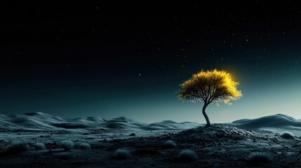 Lonely tree glowing under the night sky on a barren landscape, dramatic solitude in nature, digital art.
